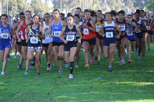 Pasadena City's Olivia Ruiz (332) briefly had the lead early on at the SoCal Preview Meet.