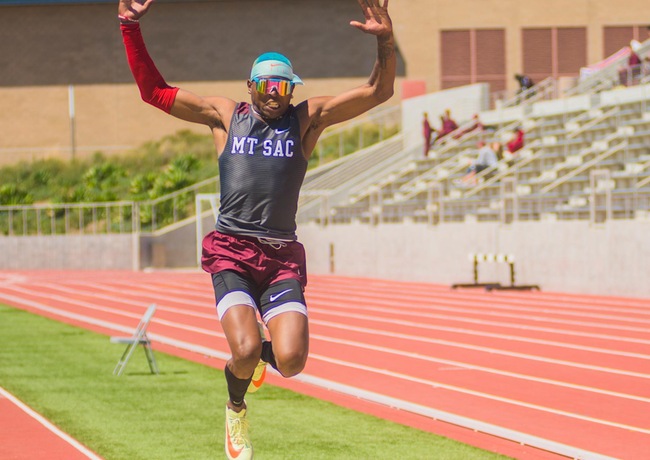 Mt. SAC's Myles Massie made the longest triple jump leap in the state this year in winning the event at the SCC Track and Field Championships (Photo courtesy of Mt. SAC Athletics).